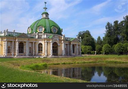"Construction of "The Grotto" in front of a pond (Kuskovo Estate near Moscow)"