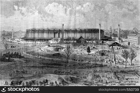 Construction of the palace of the Universal Exhibition of 1867, seen from the Military College, 15 December 1866, vintage engraved illustration. Magasin Pittoresque 1867.