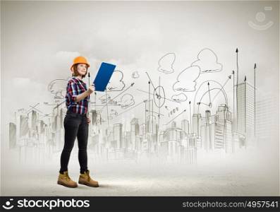 Construction plan. Image of young woman engineer with project against sketch background