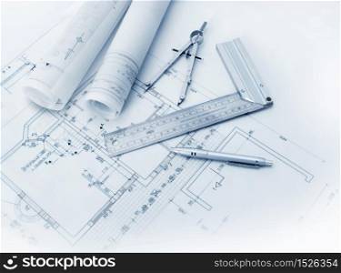 Construction plan tools and blueprint drawings. Construction plan tools