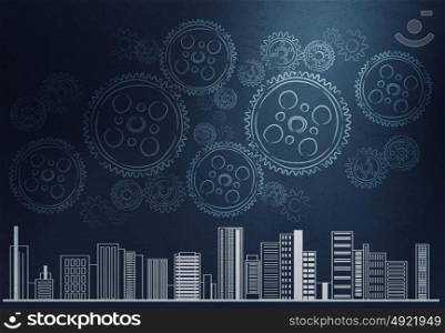 Construction project. Background image with construction sketches on black wall