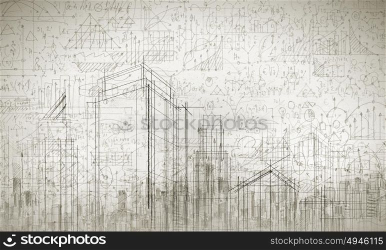 Construction project. Background image with urban construction pencil sketch