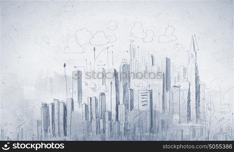 Construction project. Background image with urban construction pencil sketch