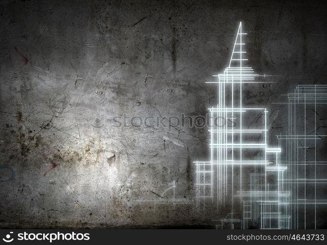 Construction project. Background image with urban construction sketch on dark background