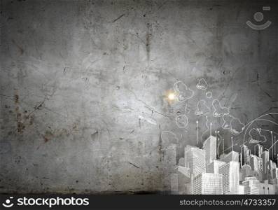 Construction project. Background image with urban construction sketch on dark background