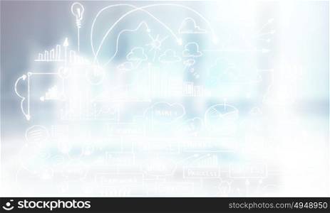 Construction project. Background image with urban construction sketch on dark background