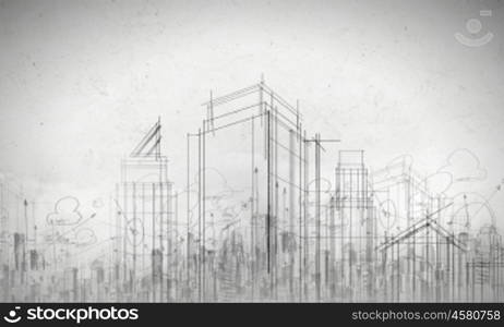 Construction project. Background image with urban construction sketch on white background