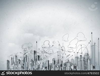 Construction project. Background image with urban construction sketch on white background