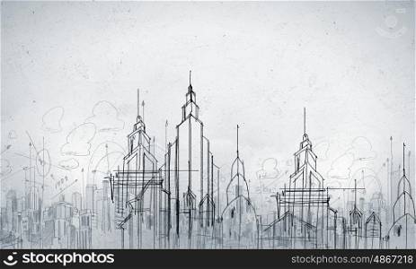Construction project. Background image with urban construction sketch on white background