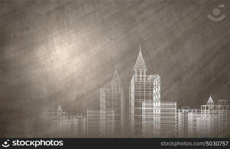 Construction project. Background image with urban construction sketch on white background