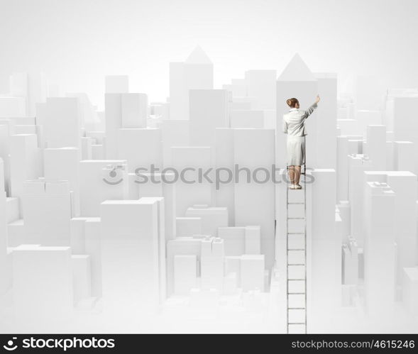 Construction project. Businesswoman standing on ladder with back and drawing project of city