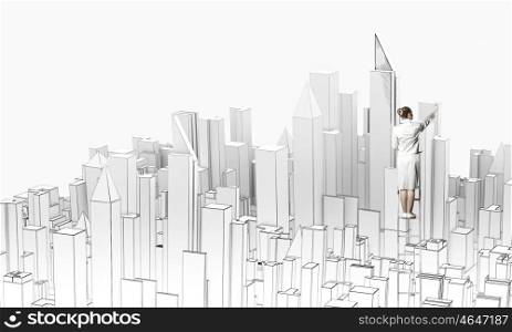 Construction project. Businesswoman standing on ladder with back and drawing project of city