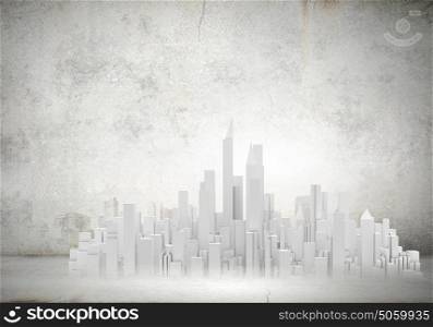 Construction project. Conceptual image with construction model of buildings on table