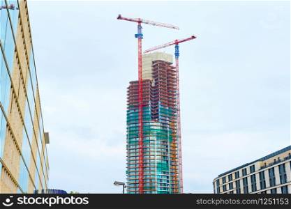 Construction site of modern skyscraper. Frankfurt, Germany