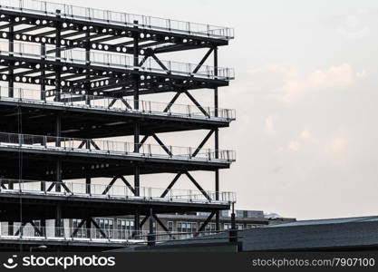 Construction site. Steel structure metal girders skeleton of a new modern building