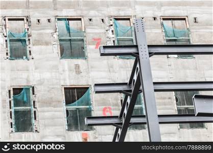 Construction site. Steel structure skeleton of a new modern building