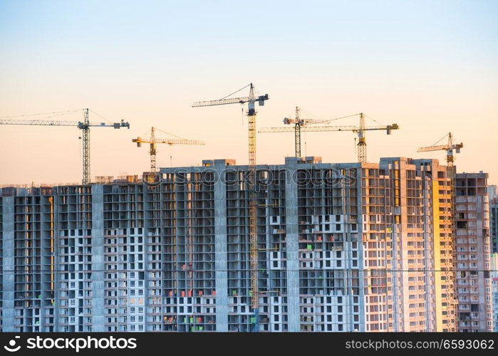 Construction site with buildind cranes at sunset