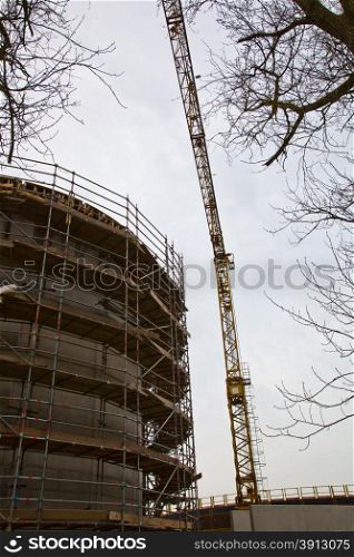 Construction site with building and crane