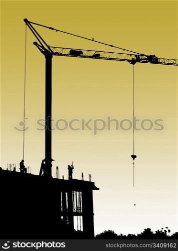 Construction site with crane and workers.Set concrete and formwork