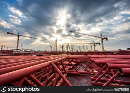 construction site with sunset