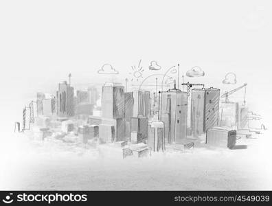 Construction sketch. Hand drawing of urban scene. Construction concept