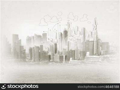 Construction sketch. Hand drawing of urban scene. Construction concept