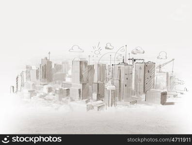 Construction sketch. Hand drawing of urban scene. Construction concept