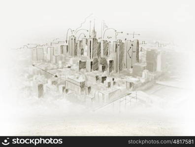 Construction sketch. Hand drawing of urban scene. Construction concept