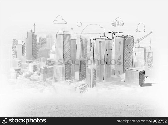 Construction sketch. Hand drawing of urban scene. Construction concept