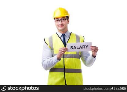 Construction supervisor asking for higher salary isolated on whi. Construction supervisor asking for higher salary isolated on white background