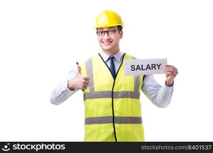 Construction supervisor asking for higher salary isolated on white background. Construction supervisor asking for higher salary isolated on whi
