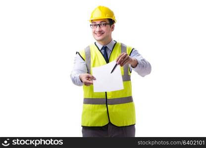 Construction supervisor with blank sheet isolated on white backg. Construction supervisor with blank sheet isolated on white background