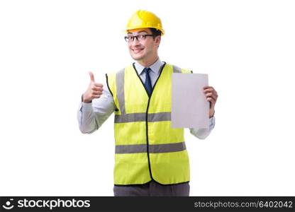 Construction supervisor with blank sheet isolated on white background. Construction supervisor with blank sheet isolated on white backg