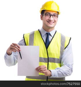 Construction supervisor with blank sheet isolated on white background. Construction supervisor with blank sheet isolated on white backg