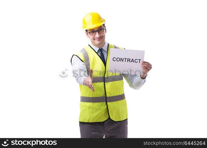 Construction supervisor with contract isolated on white background. Construction supervisor with contract isolated on white backgrou