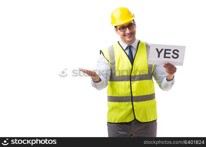 Construction supervisor with yes asnwer isolated on white backgr. Construction supervisor with yes asnwer isolated on white background