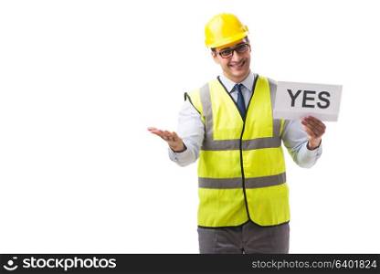 Construction supervisor with yes asnwer isolated on white backgr. Construction supervisor with yes asnwer isolated on white background