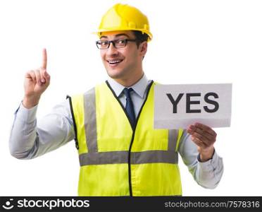 Construction supervisor with yes asnwer isolated on white background. Construction supervisor with yes asnwer isolated on white backgr