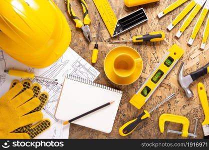 Construction tools at black background. Tool for house renovation or engineer concept