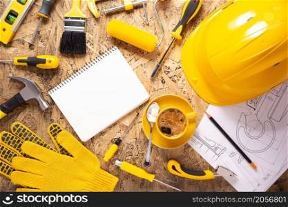 Construction tools at black background. Tool for house renovation or engineer concept
