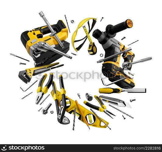 Construction tools levitate on a white background.. Construction tools levitate on a white background