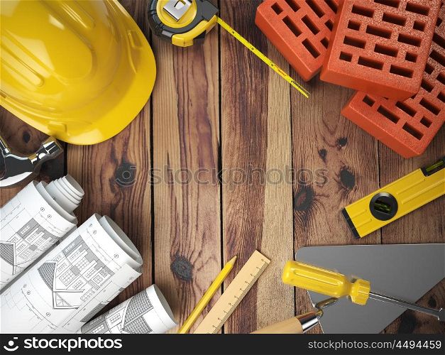 Construction tools on a wooden background. Hard helmet, bricks, trowel, drawing and level with space for text. 3d illustration
