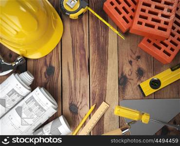 Construction tools on a wooden background. Hard helmet, bricks, trowel, drawing and level with space for text. 3d illustration