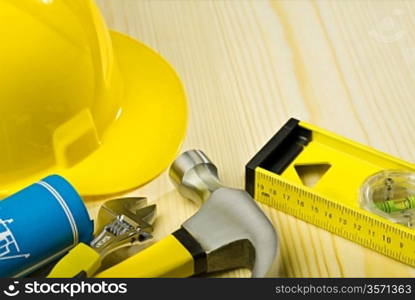 construction tools on wooden boards