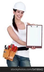 Construction woman with a blank clipboard
