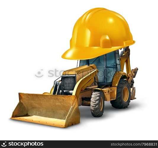 Construction work safety concept with a Bulldozer truck as a yellow generic excavator wearing a giant hard hat to build roads homes and clear the landscape with heavy dangerous machinery on a white background.