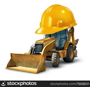 Construction work safety concept with a Bulldozer truck as a yellow generic excavator wearing a giant hard hat to build roads homes and clear the landscape with heavy dangerous machinery on a white background.