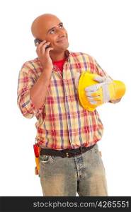 Construction worker at the phone, isolated over white