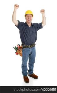 Construction worker excited by his success or good fortune. Full body isolated on white.
