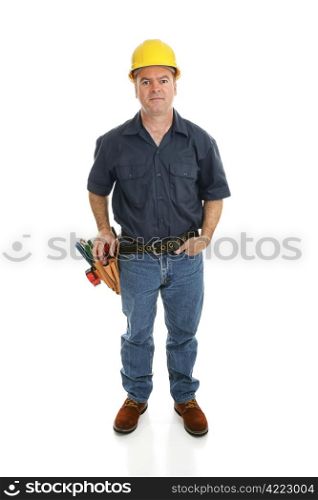 Construction worker facing forward. Full body isolated on white.
